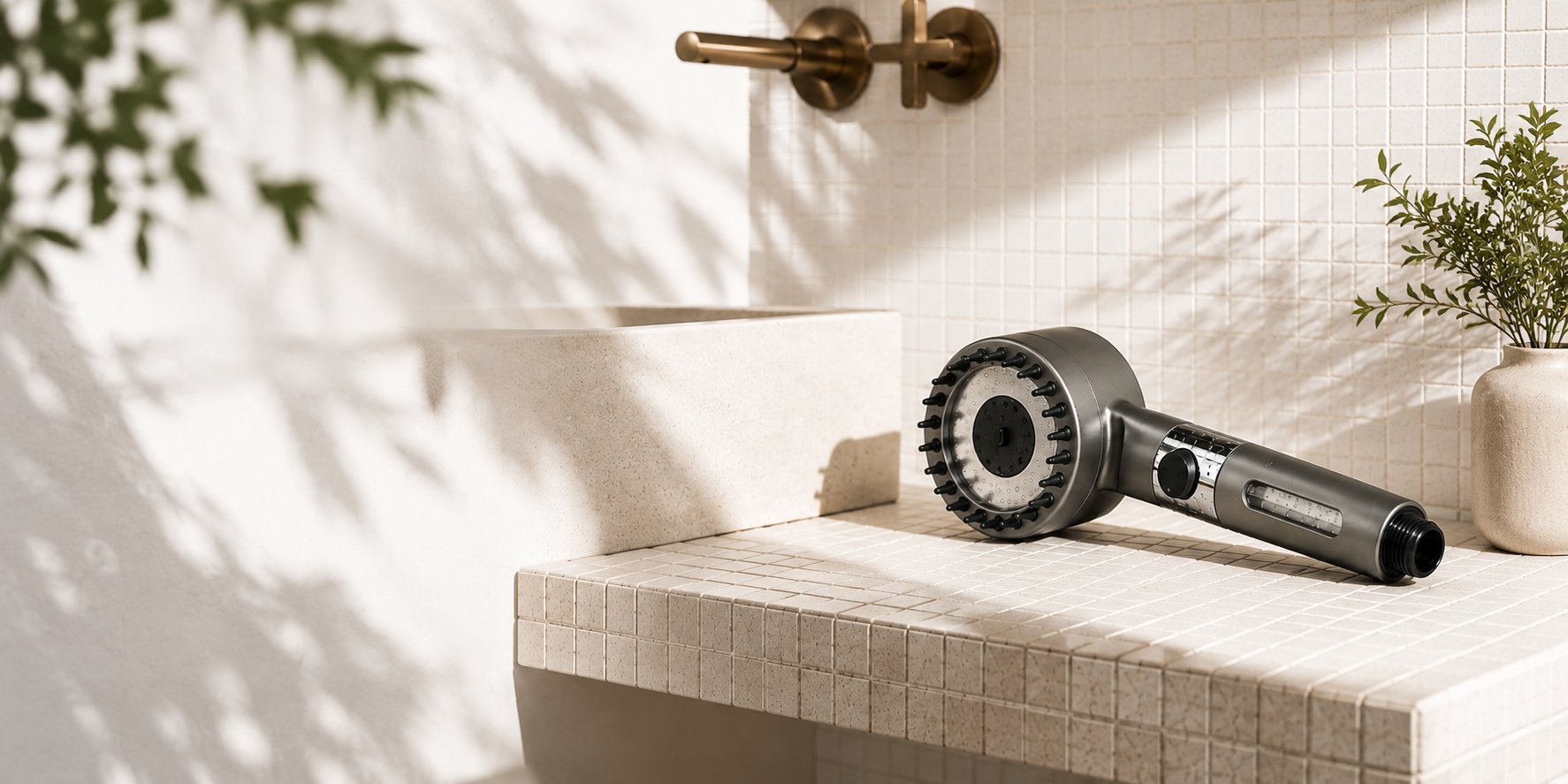 FIIPY showerhead on a sunlit tiled vanity